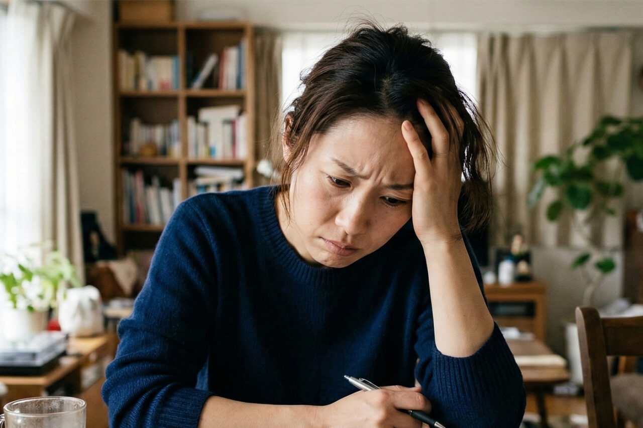 洋風のリビングで机に座り頭を抱える女性