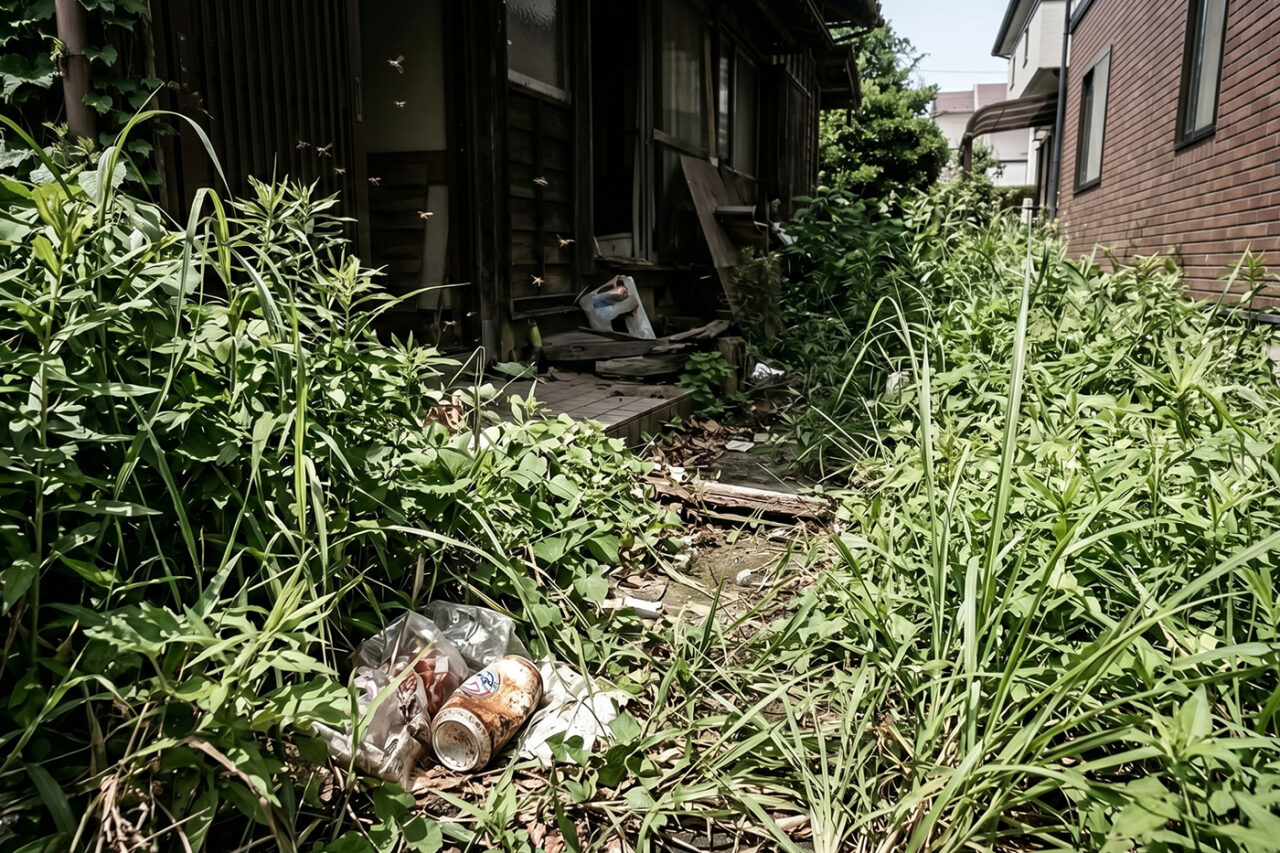 空き家の庭から雑草が伸びて、ゴミが散乱している様子