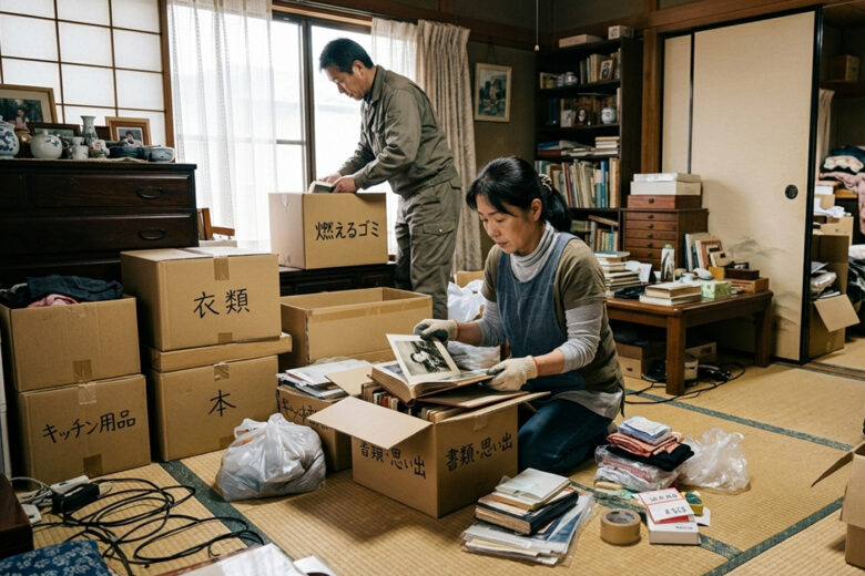 段ボールに荷物を仕分けして片付けを進める様子