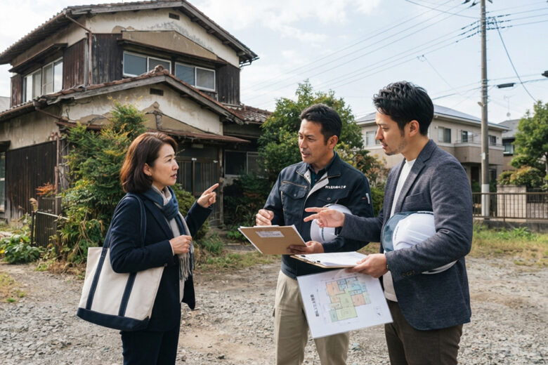 担当者と施主が建物や資料を確認している02
