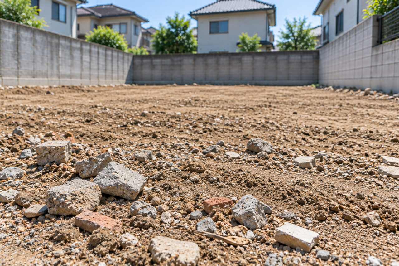 解体工事が完了した空き地に残留物が残っている様子